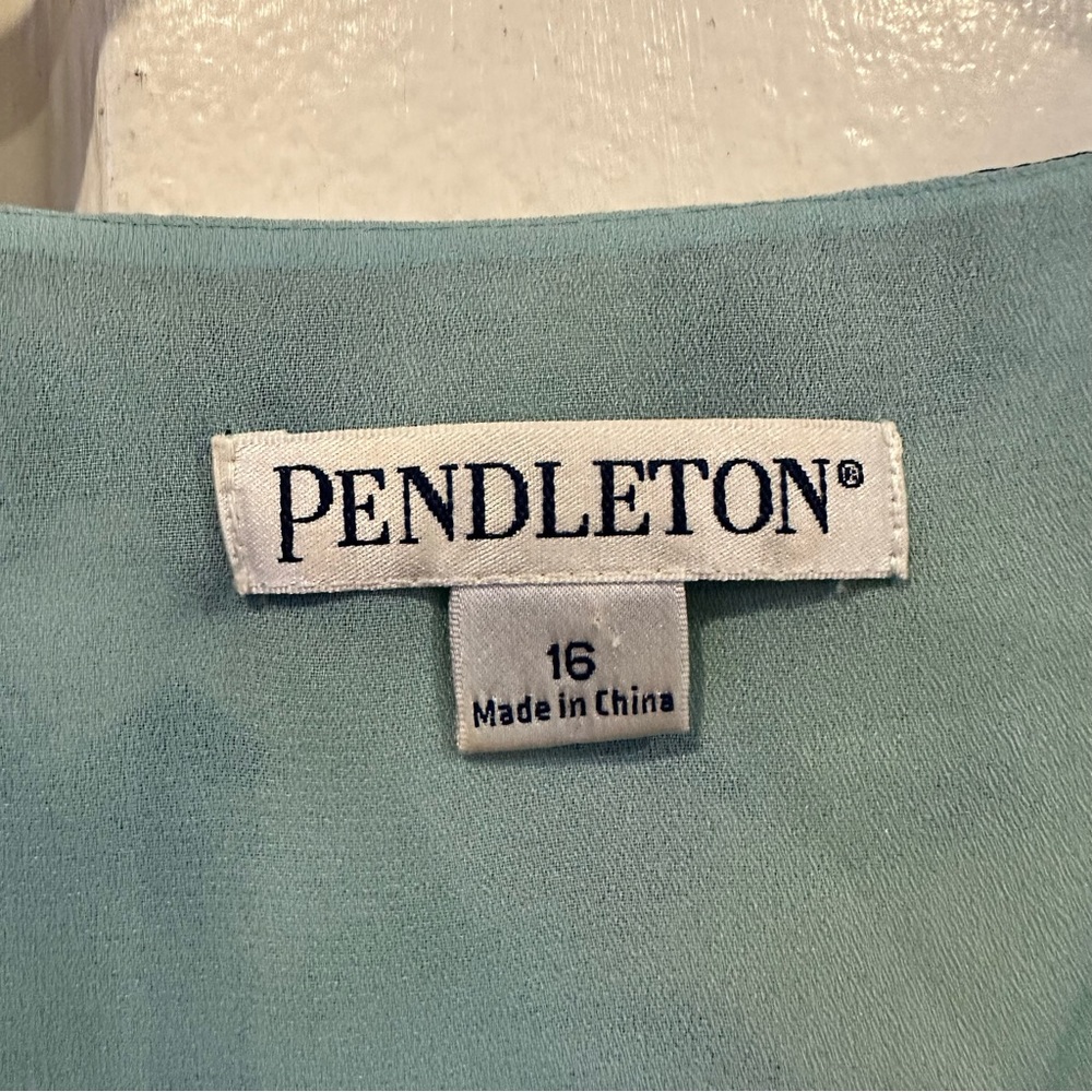 Pendleton Floral 100% Silk WOMENS PLUS Dress Size 16 BLUE GREEN RUFFLES v‎ neck - Picture 3 of 8